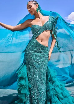Green Mermaid Style Heavy Embroidered Skirt Set