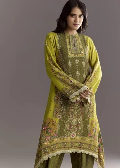Green Muslin Floral And Bandhani Printed Asymmetrical Cut Kurta Dhoti