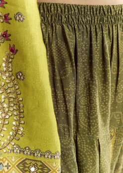 Green Muslin Floral And Bandhani Printed Asymmetrical Cut Kurta Dhoti