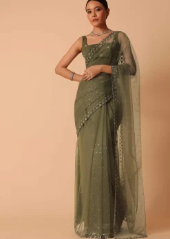Green Net Saree With Sequin Work And Unstitched Blouse Piece