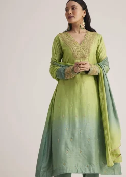 Green Ombre Embroidered Suit With Dupatta