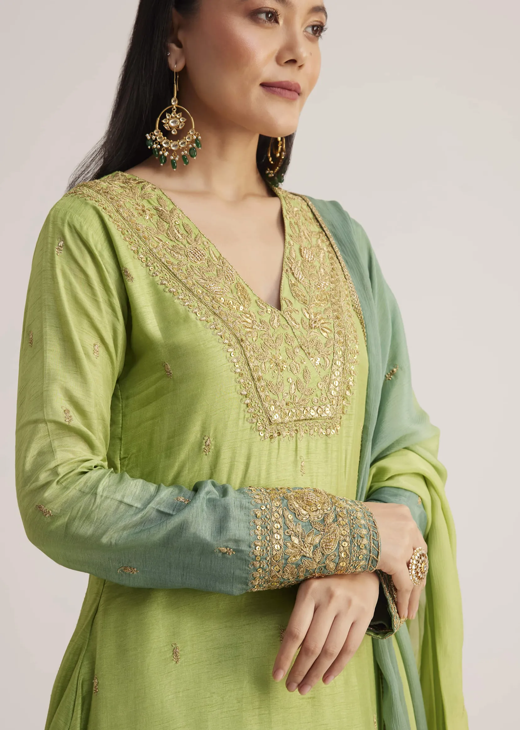 Green Ombre Embroidered Suit With Dupatta
