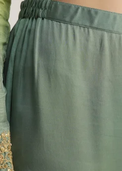 Green Ombre Embroidered Suit With Dupatta