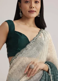 Green Ombre Saree With Sequins And Scallop Embroidery