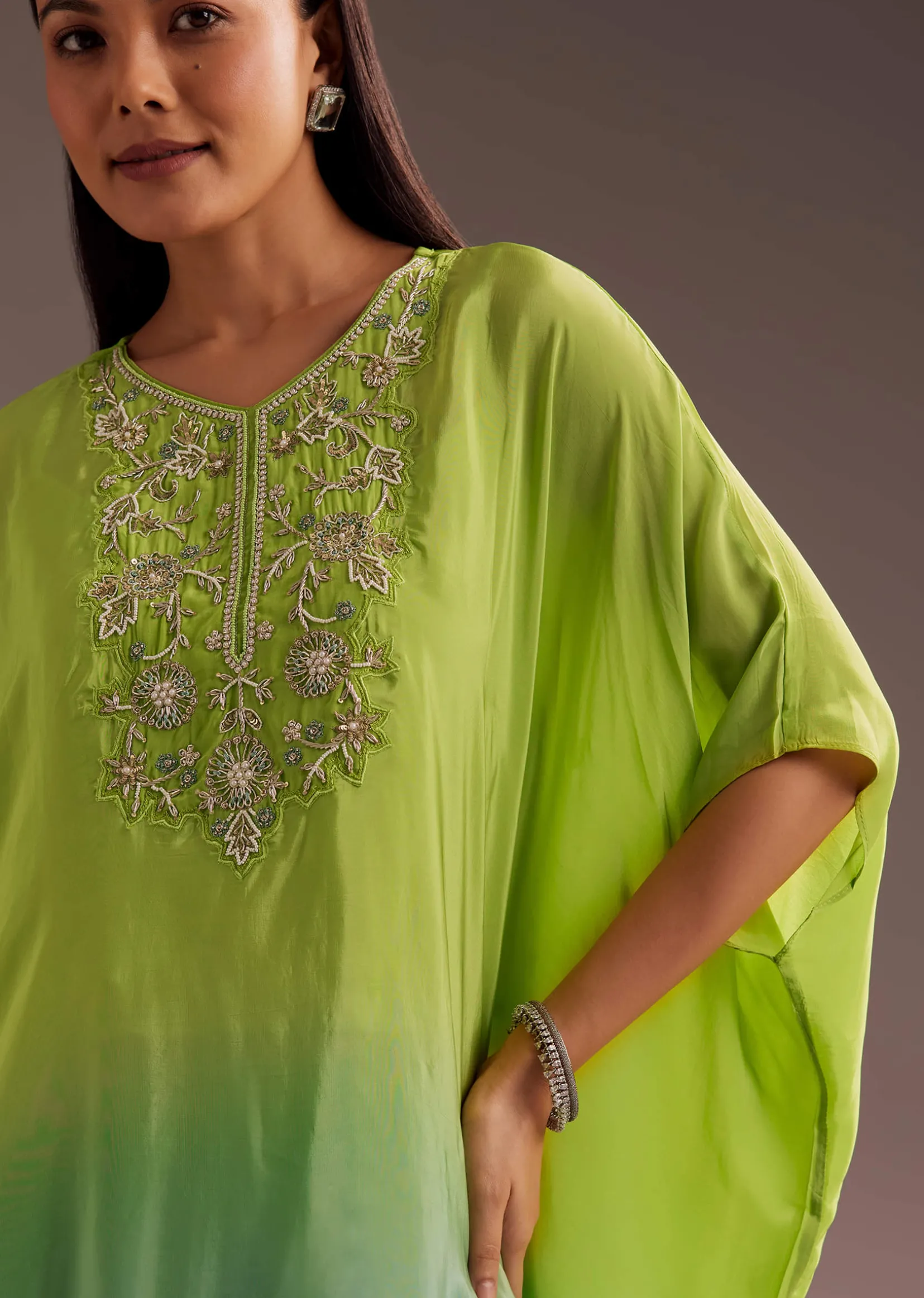 Green Ombre Zardosi Crepe Kaftan Kurta Dhoti Set
