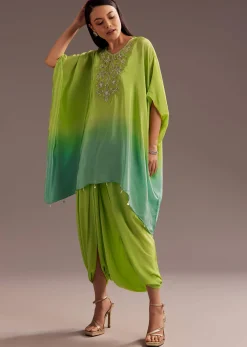 Green Ombre Zardosi Crepe Kaftan Kurta Dhoti Set