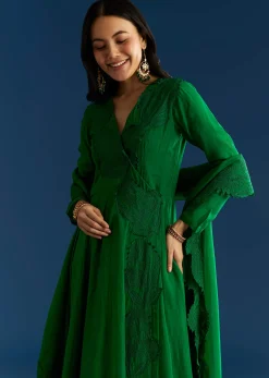 Green Organza Angrakha Style Anarkali Suit With Resham Work