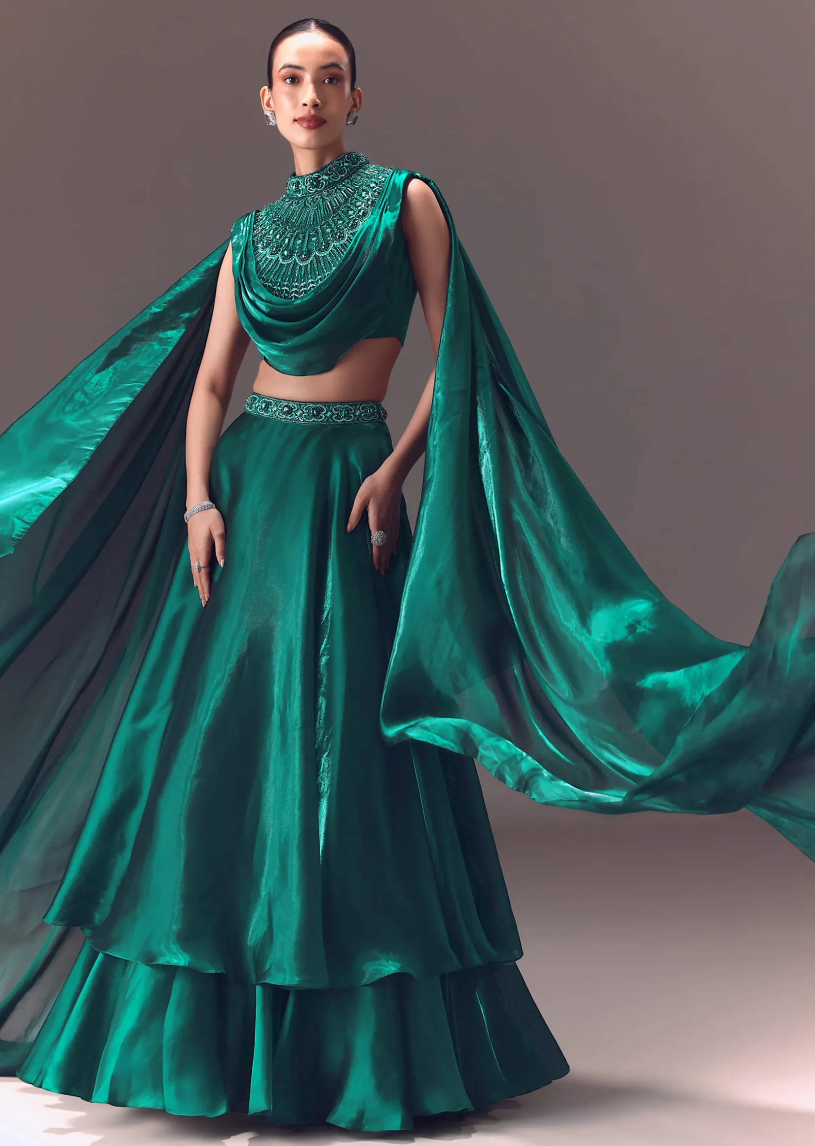 Green Organza Cowl Blouse And Lehenga Set