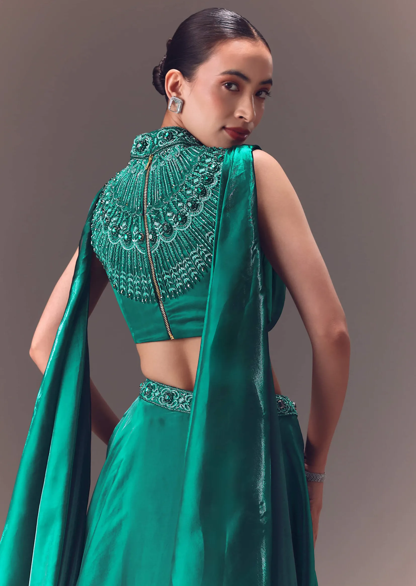 Green Organza Cowl Blouse And Lehenga Set