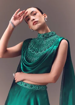 Green Organza Cowl Blouse And Lehenga Set