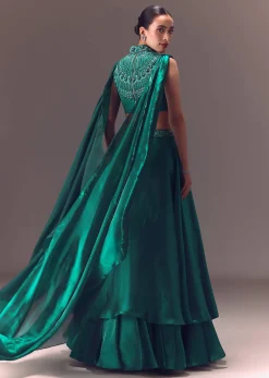 Green Organza Cowl Blouse And Lehenga Set