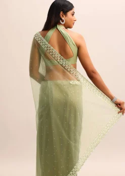 Green Organza Cutdana Saree With Unstitched Blouse
