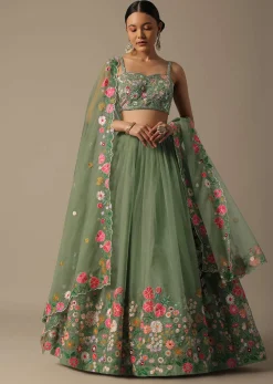 Green Organza Embroidered Lehenga Set With Floral Motifs
