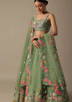 Green Organza Embroidered Lehenga Set With Floral Motifs