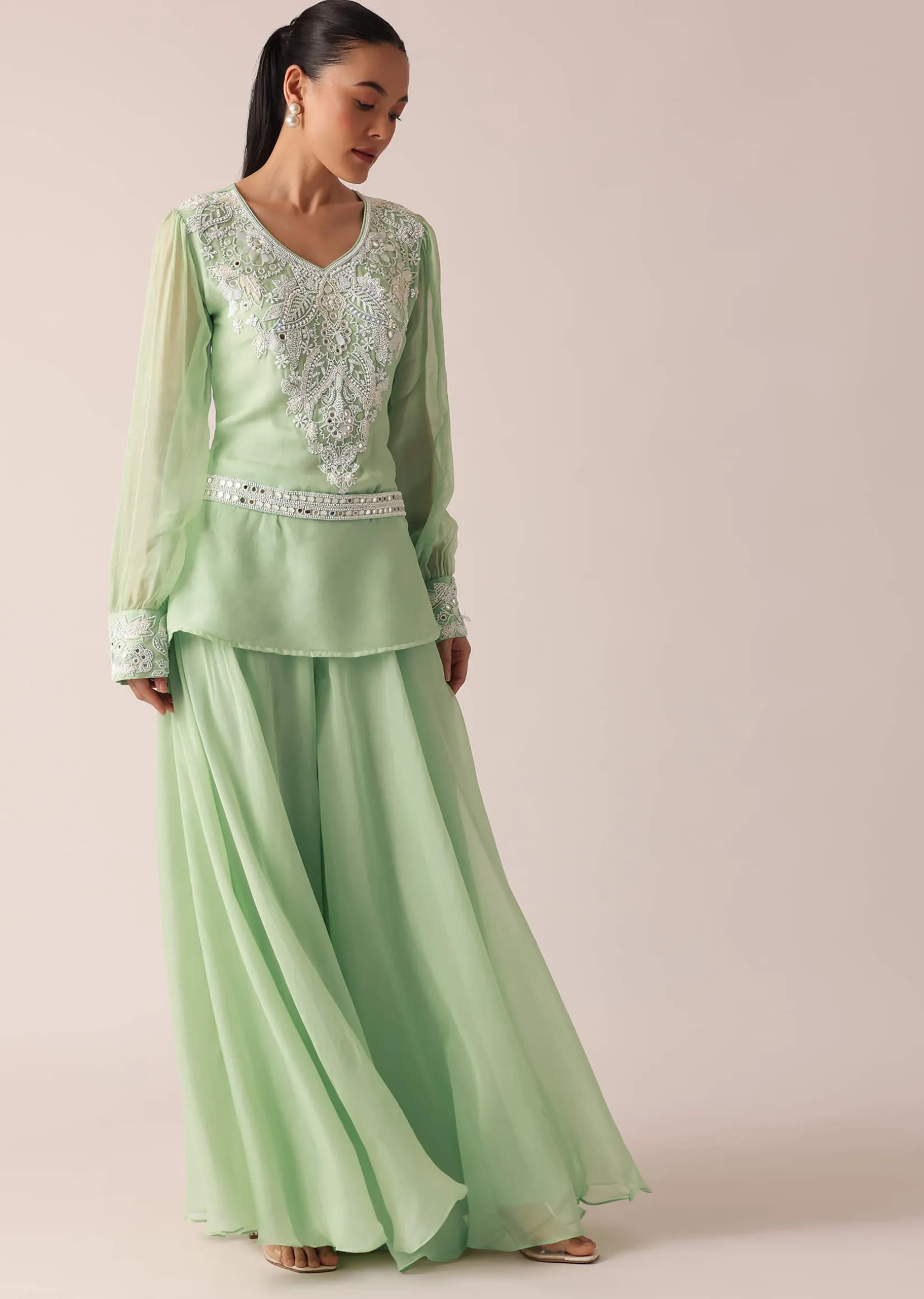 Green Organza Kurta And Palazzo Set With Embroidery And Belt