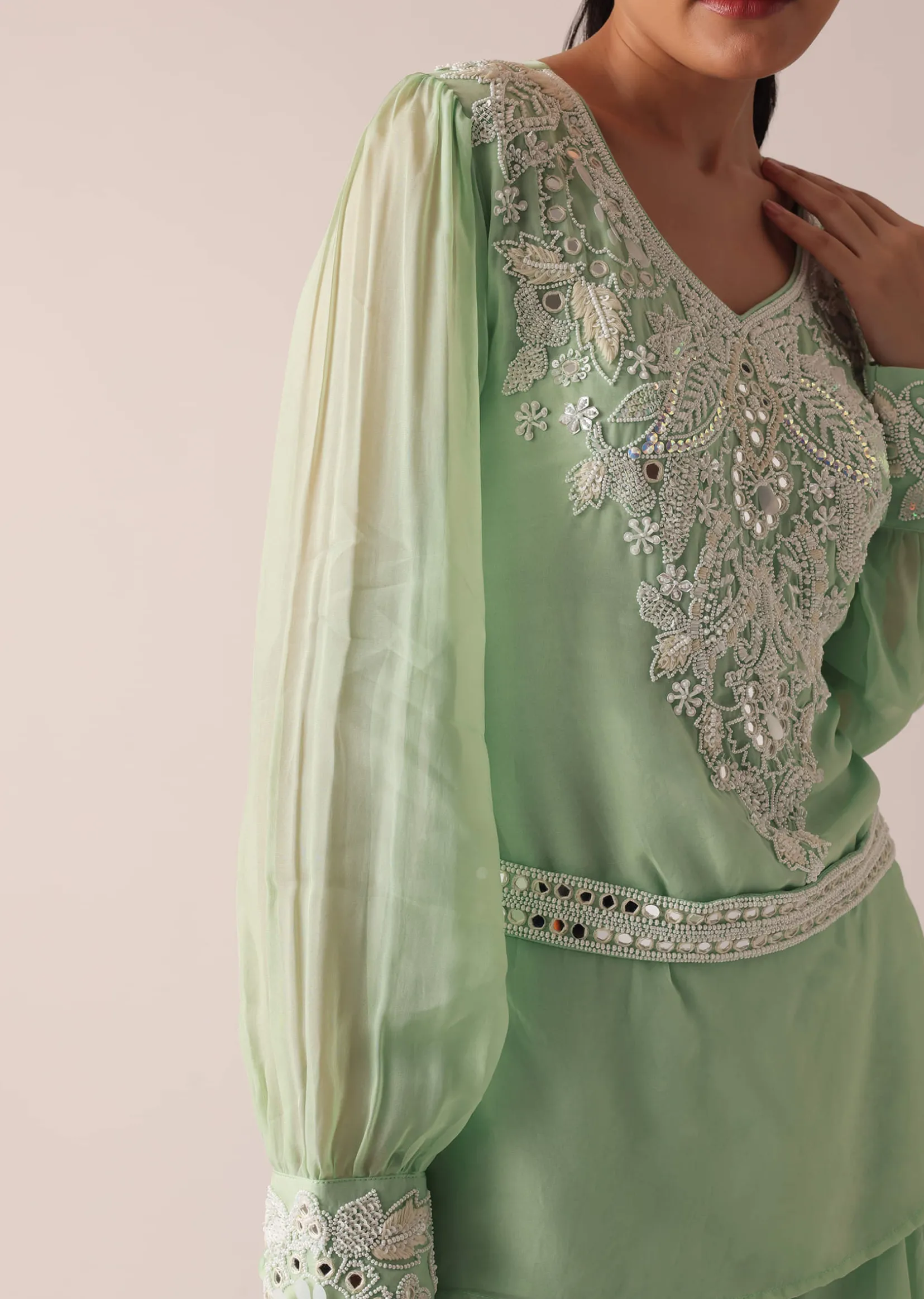 Green Organza Kurta And Palazzo Set With Embroidery And Belt