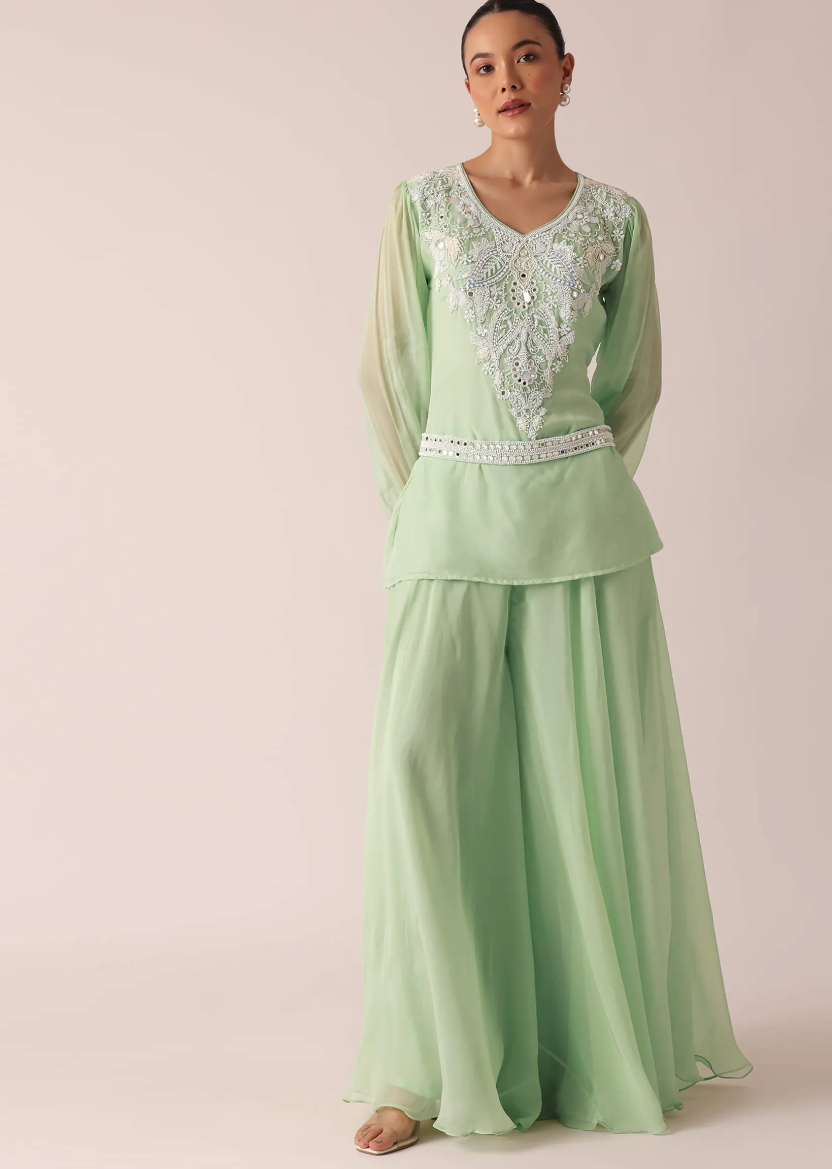 Green Organza Kurta And Palazzo Set With Embroidery And Belt