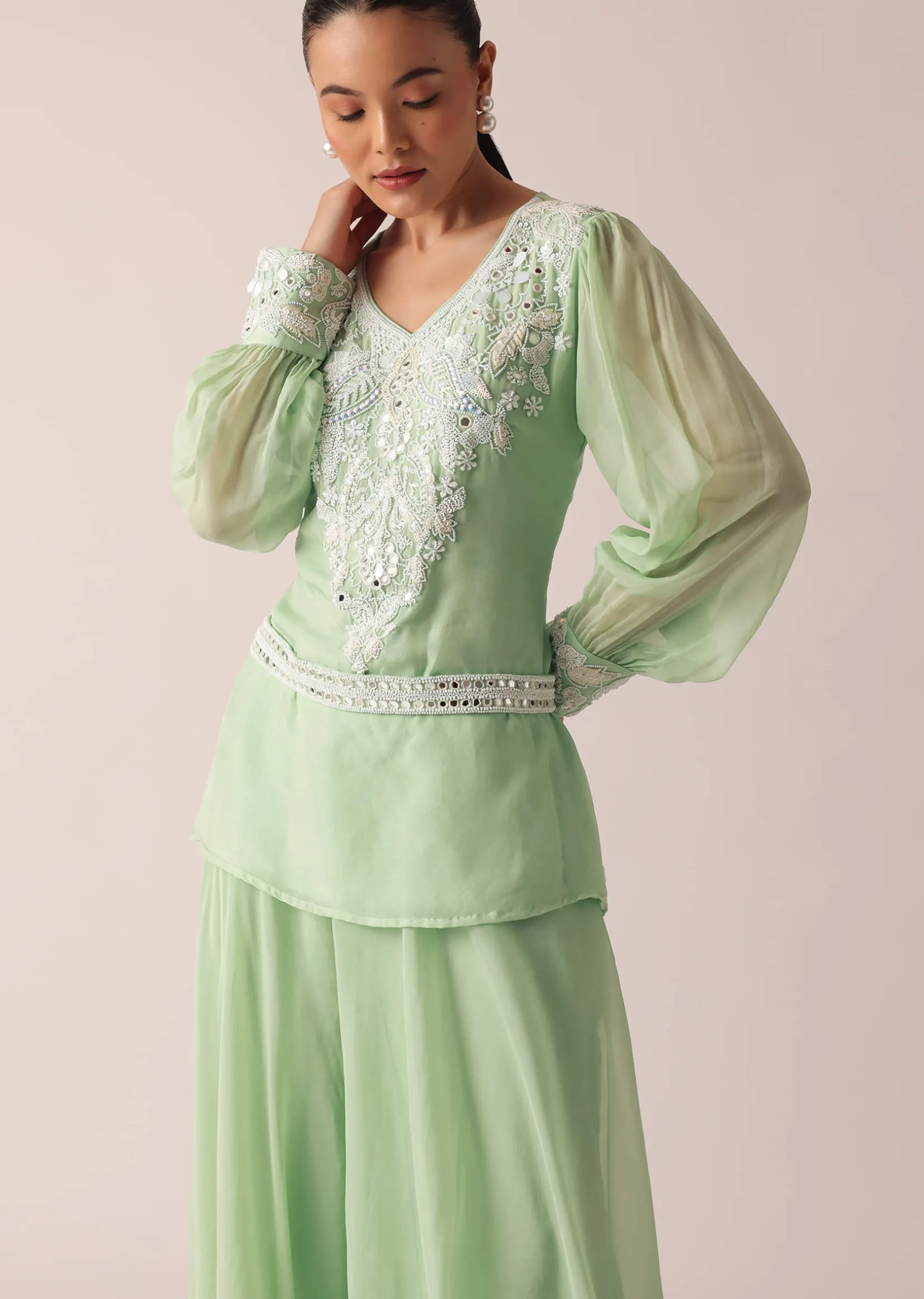 Green Organza Kurta And Palazzo Set With Embroidery And Belt