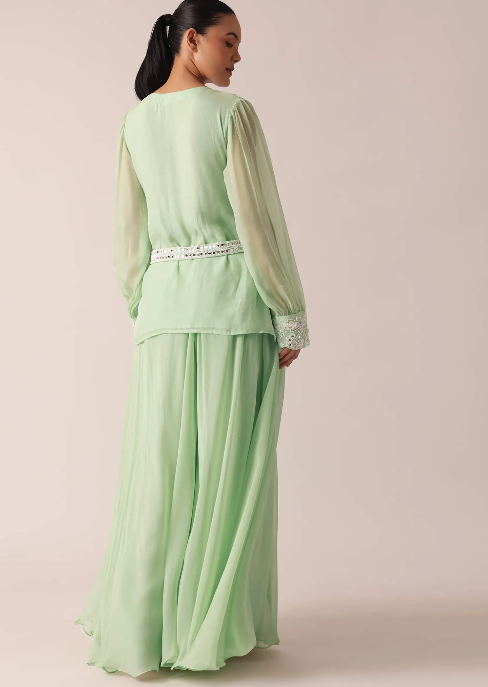 Green Organza Kurta And Palazzo Set With Embroidery And Belt