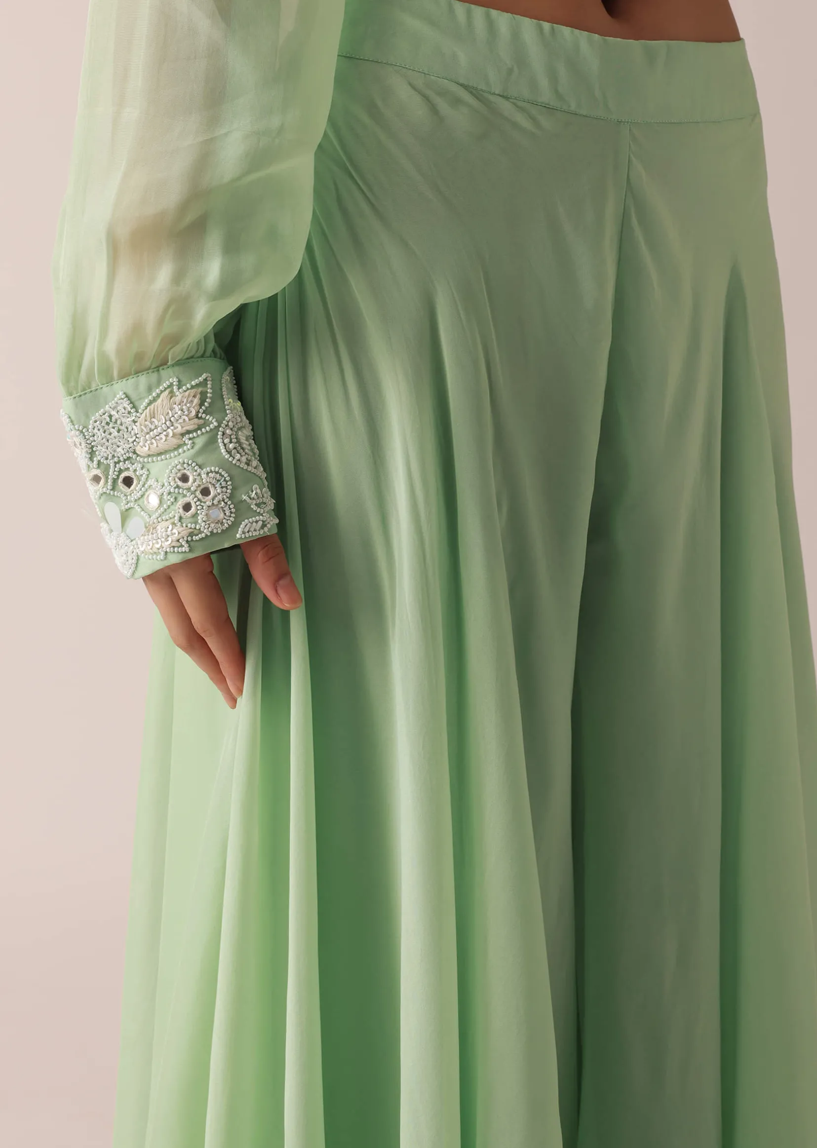 Green Organza Kurta And Palazzo Set With Embroidery And Belt