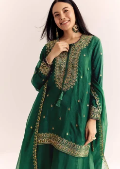 Green Organza Kurta Sharara Suit With Zari Butti Work