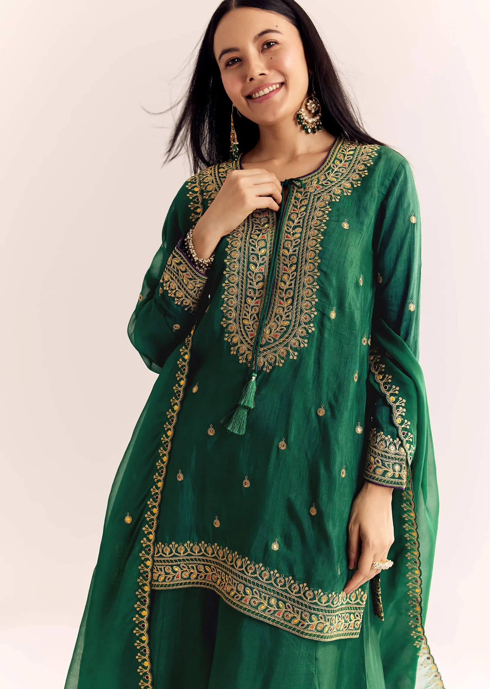 Green Organza Kurta Sharara Suit With Zari Butti Work