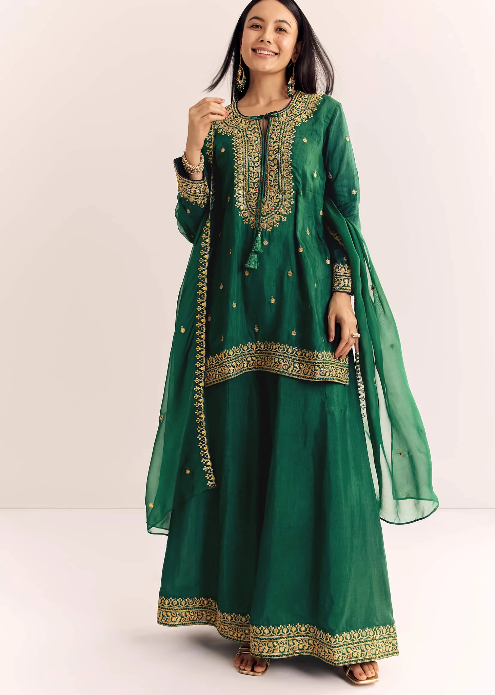 Green Organza Kurta Sharara Suit With Zari Butti Work