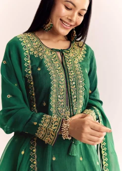 Green Organza Kurta Sharara Suit With Zari Butti Work