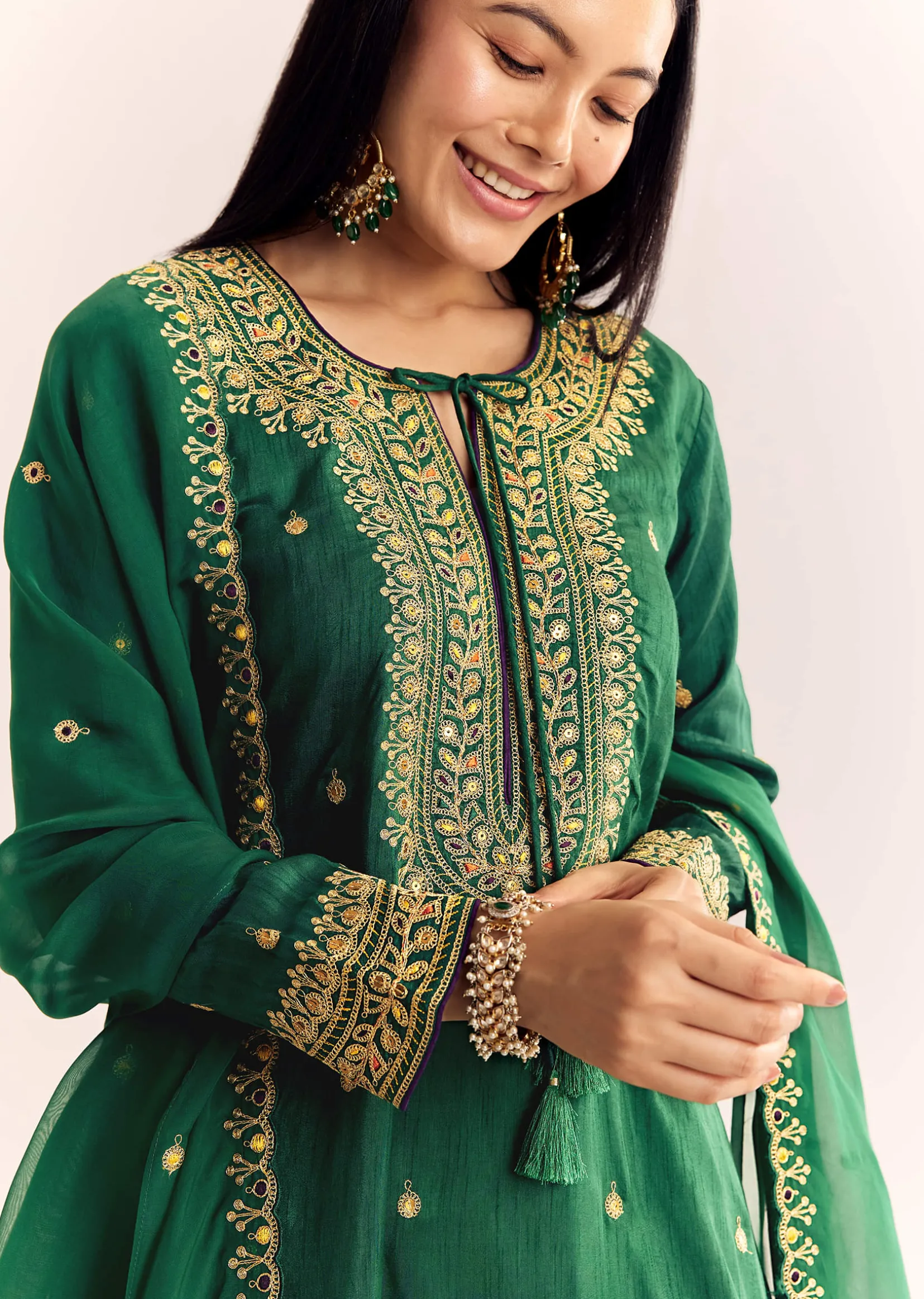 Green Organza Kurta Sharara Suit With Zari Butti Work