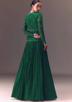 Green Organza Ruched Lehenga With Hand Embellished Jacket