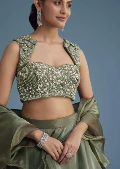 Green Organza Ruffle Lehenga Set With Embellished Blouse
