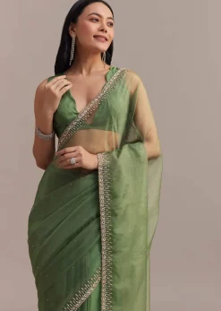 Green Organza Saree With Sequins And Cutdana Embellished Border