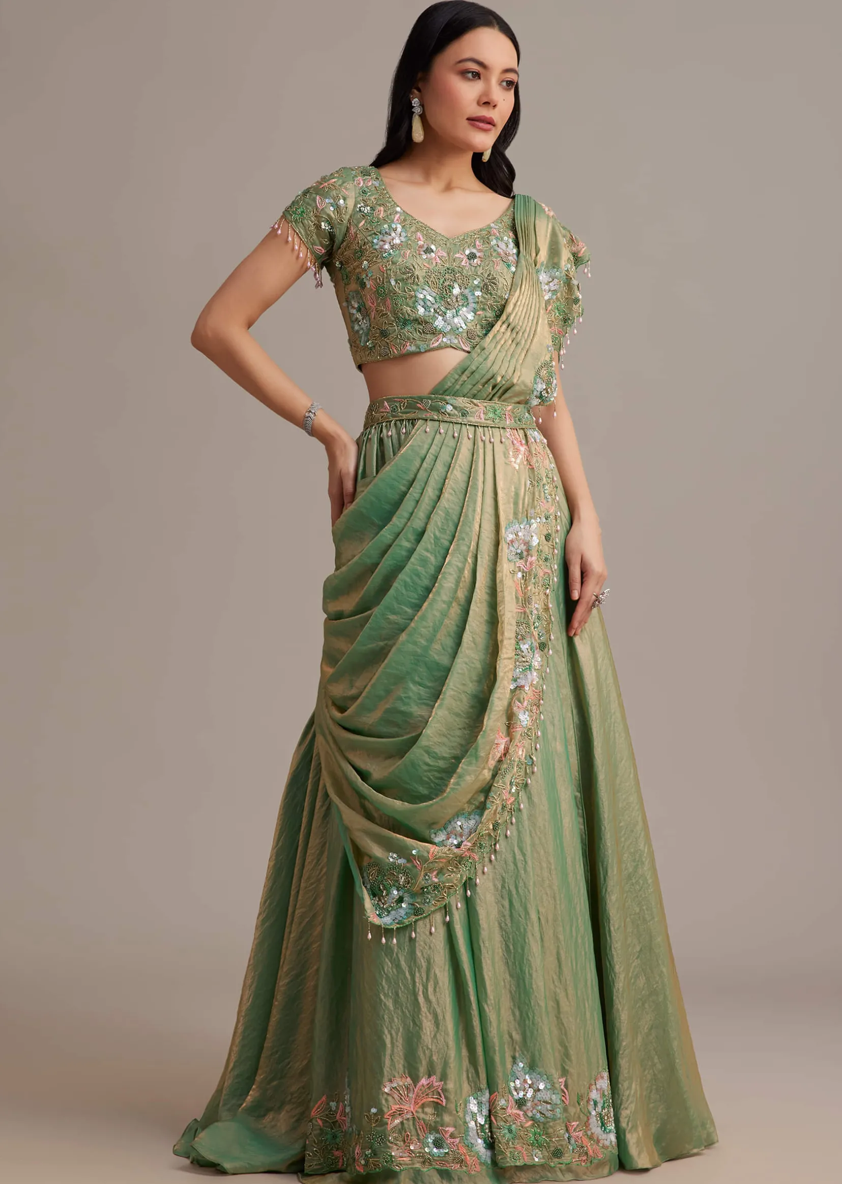 Green Organza Tissue Lehenga Set With Sequins And Bead Work