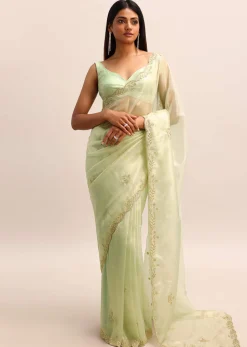 Green Organza Tissue Saree With Unstitched Blouse
