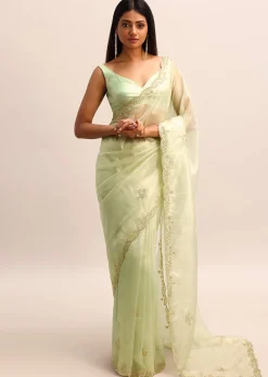 Green Organza Tissue Saree With Unstitched Blouse