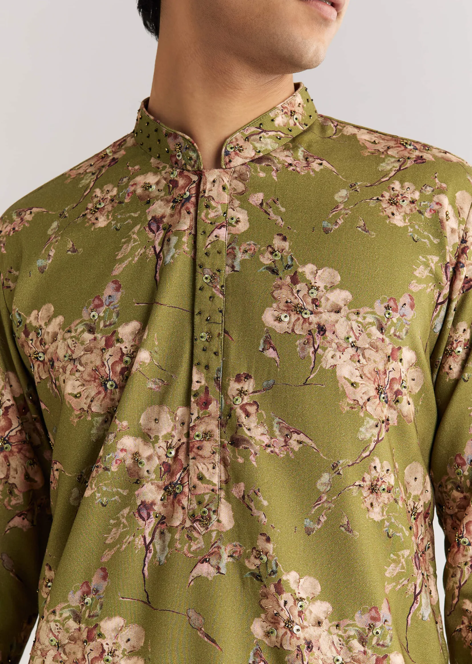 Green Pashmina Kurta Set With Sequin And Beaded Embroidery