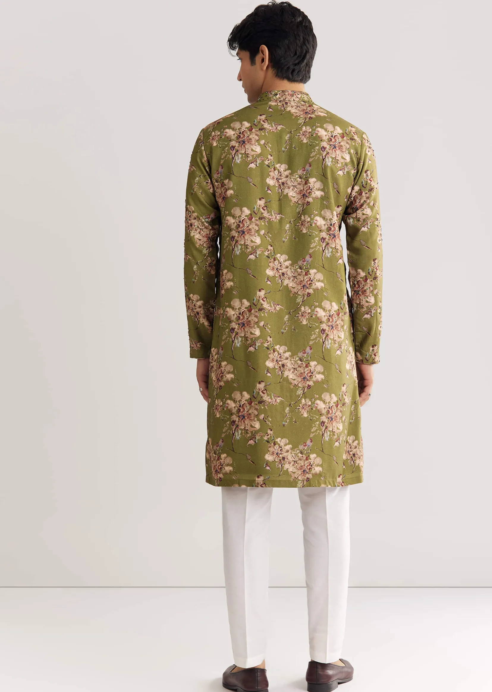 Green Pashmina Kurta Set With Sequin And Beaded Embroidery