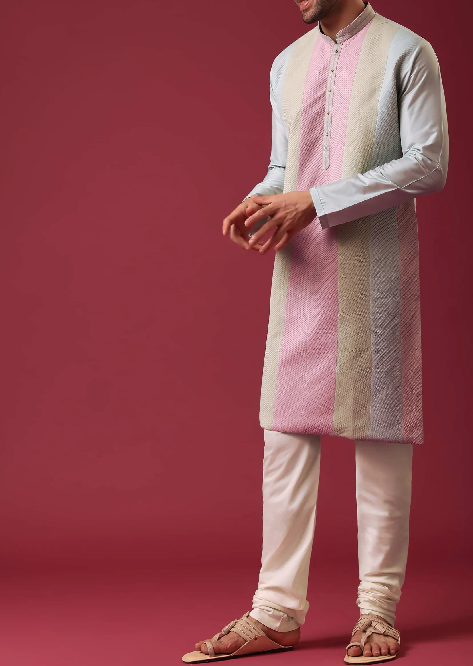 Green Pintuck Colorblock Kurta Set in Silk