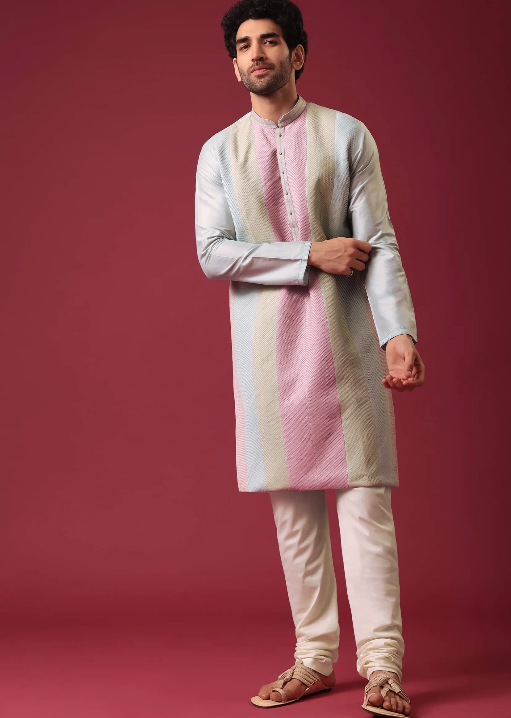 Green Pintuck Colorblock Kurta Set in Silk