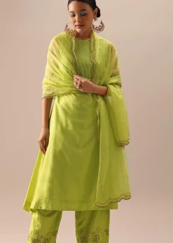 Green Pintuck Kurta Set with Organza Dupatta