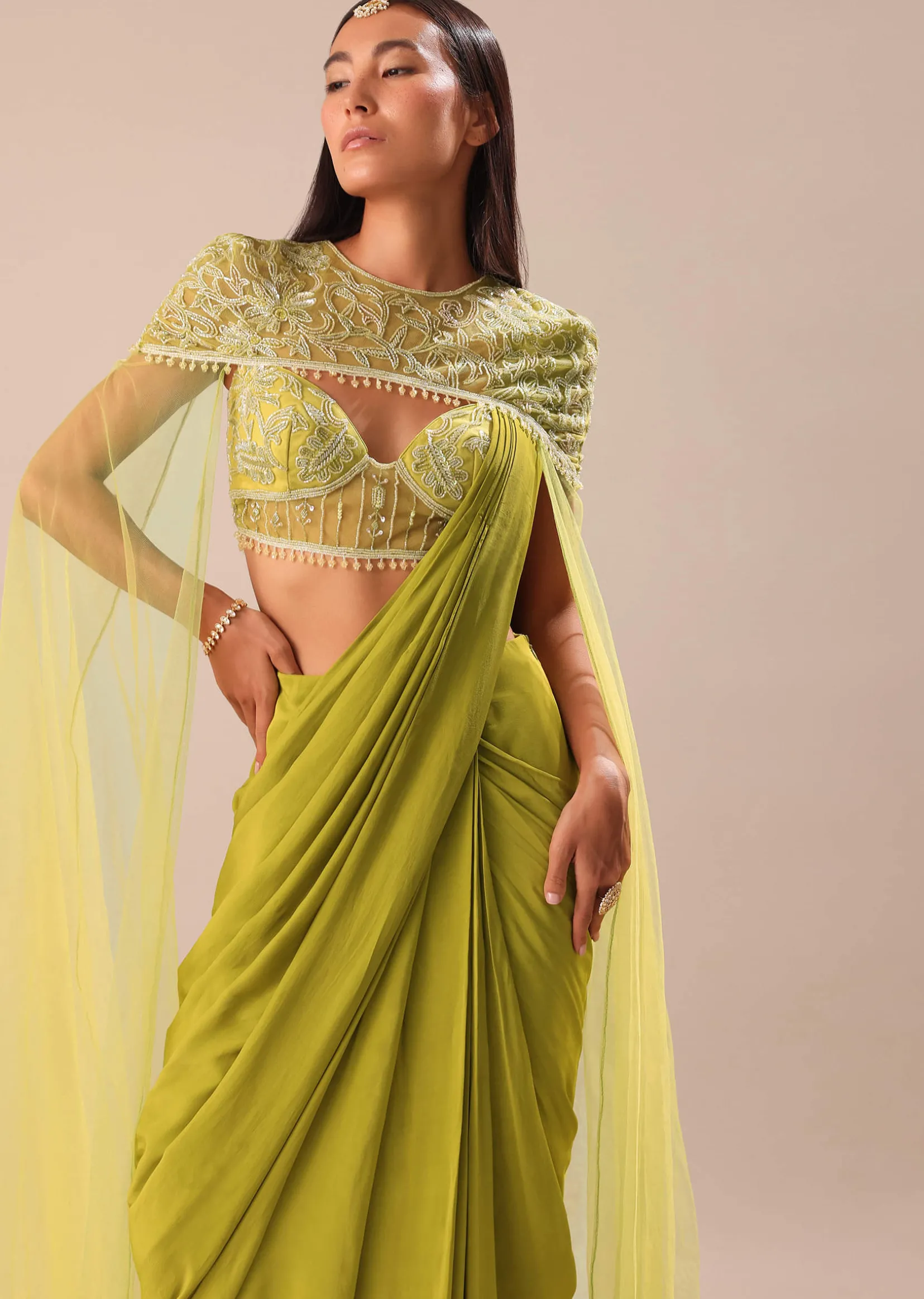 Green Pre Stitched Saree With Blouse And Zardozi Draped Cape