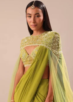 Green Pre Stitched Saree With Blouse And Zardozi Draped Cape