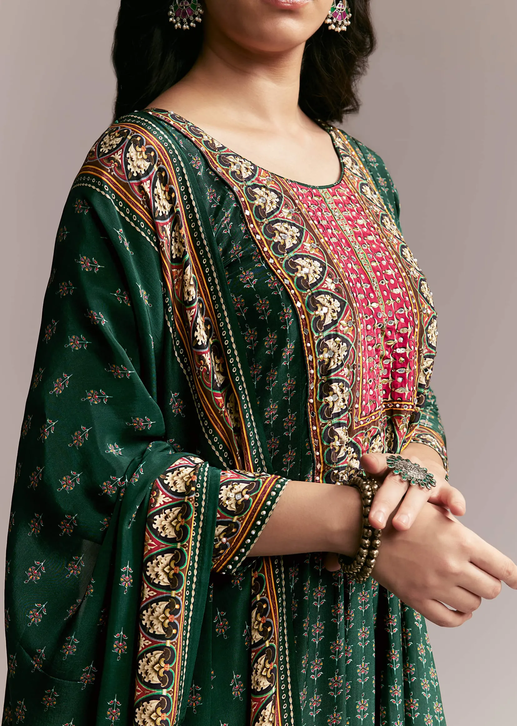 Green Printed Anarkali Set