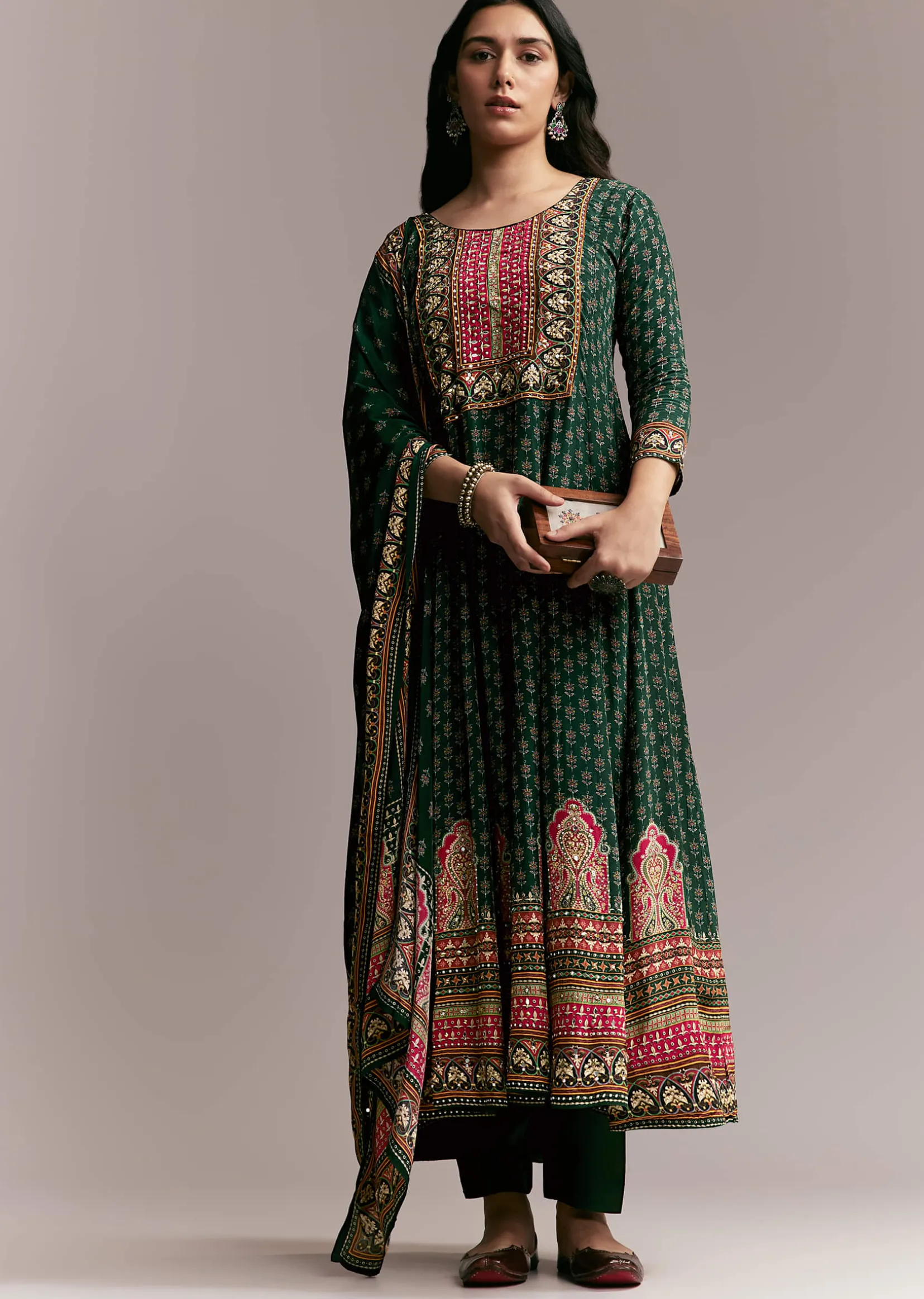Green Printed Anarkali Set