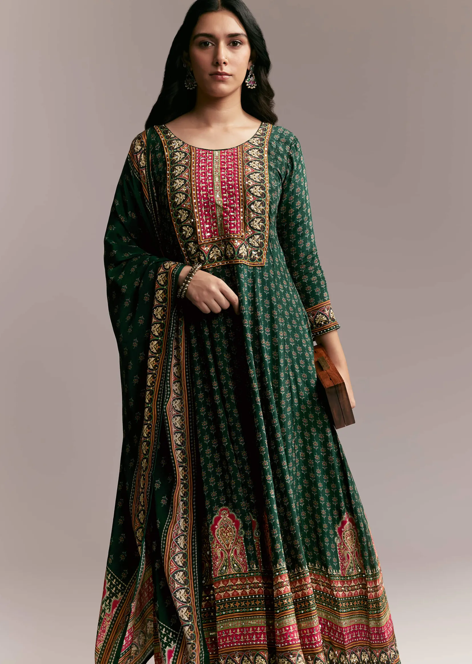 Green Printed Anarkali Set