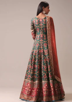 Green Printed Anarkali Suit Set In Tussar Silk