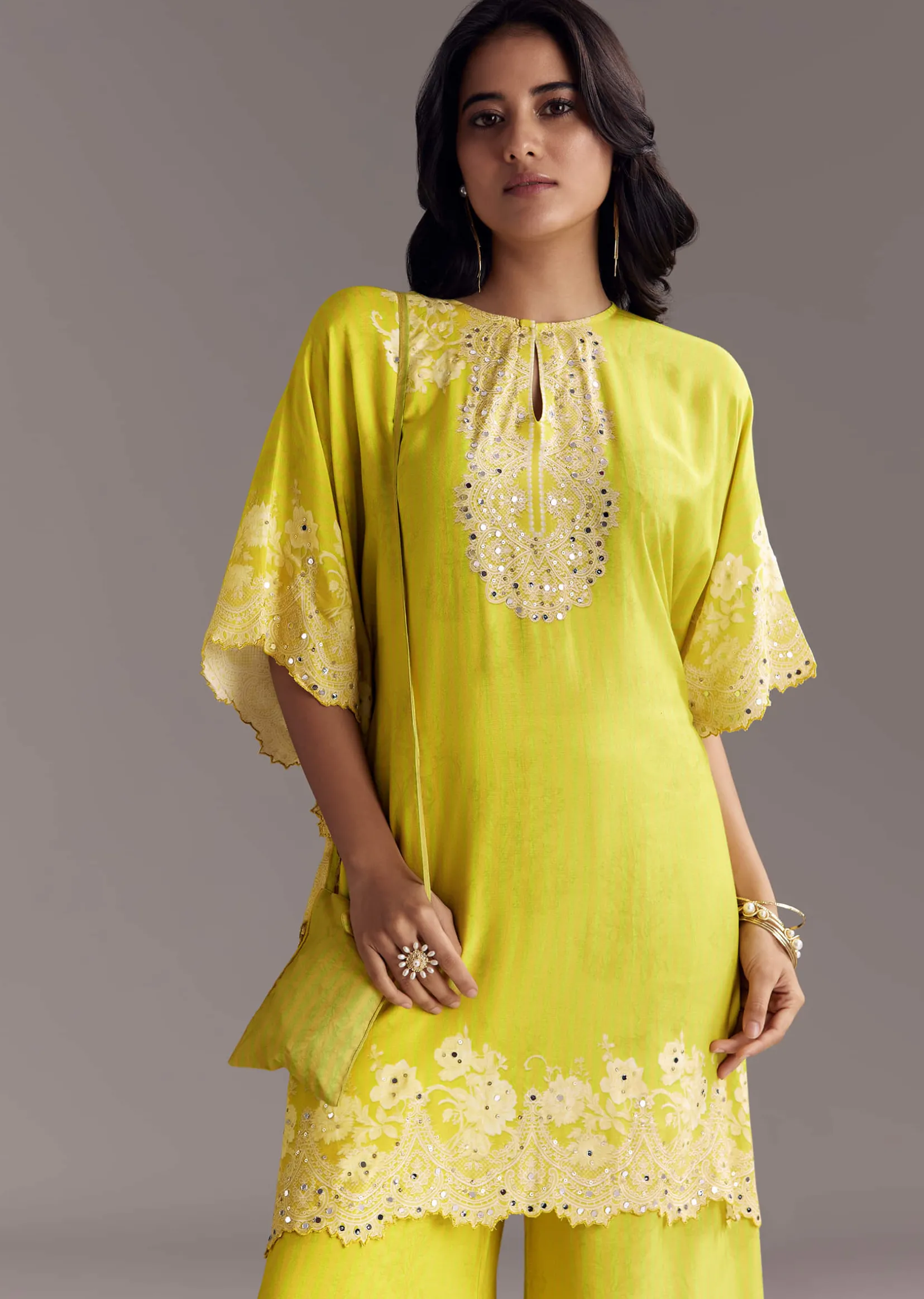 Green Printed Co-Ord Set With Mirror Work