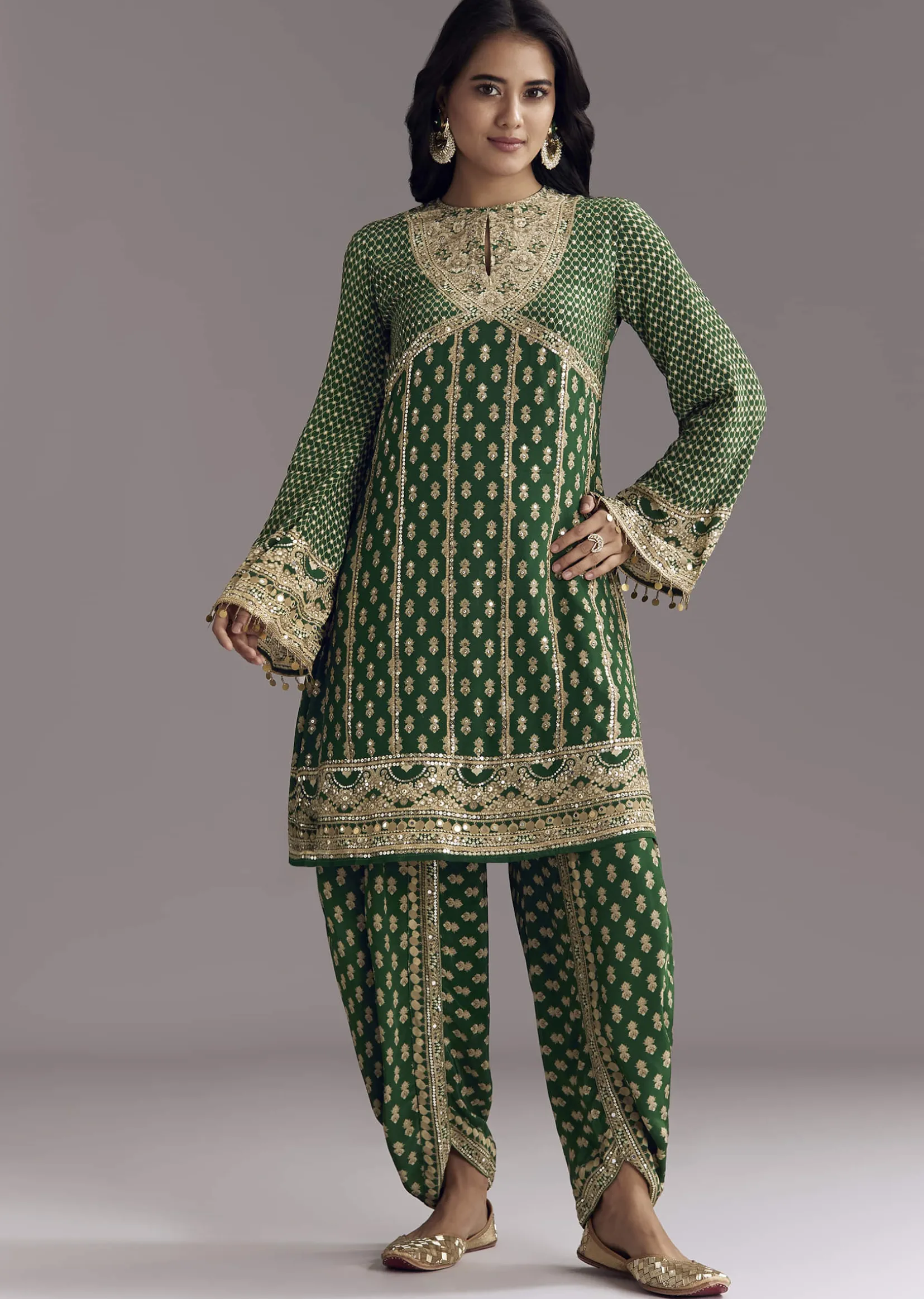 Green Printed Crepe Dhoti Set With Keyhole Neck