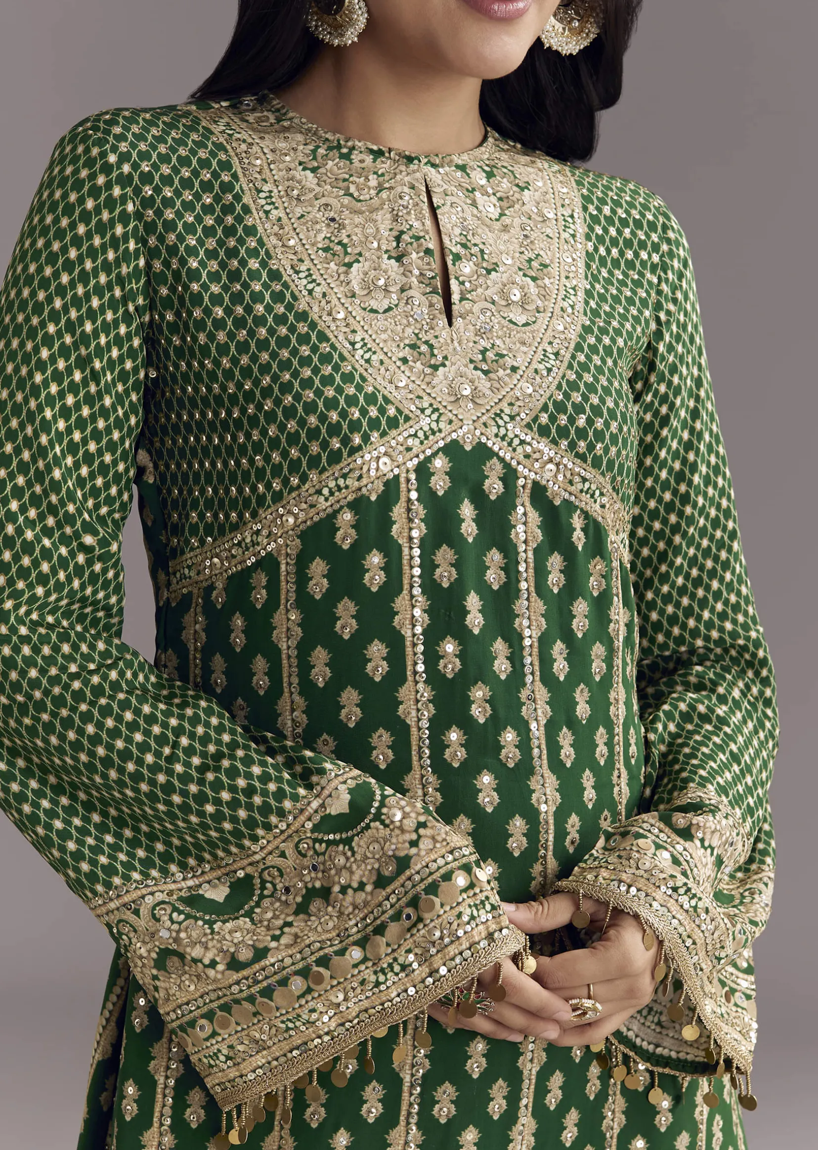 Green Printed Crepe Dhoti Set With Keyhole Neck