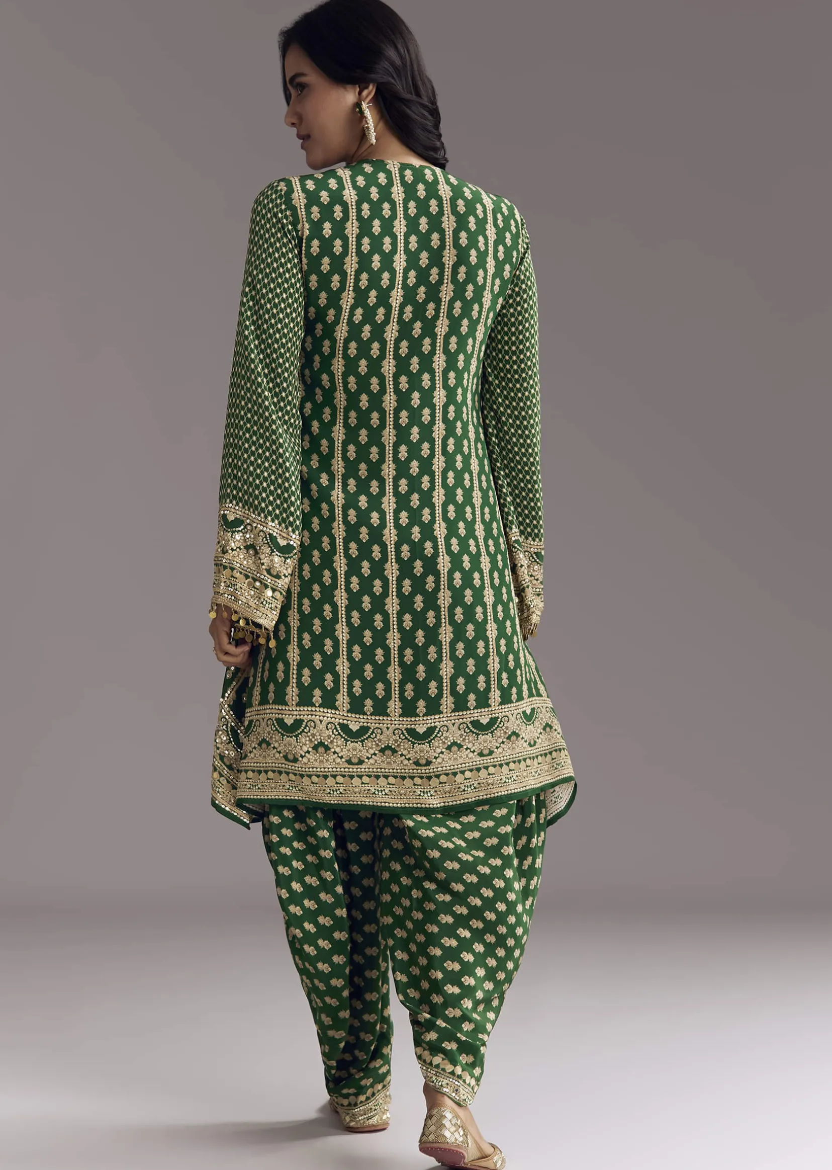 Green Printed Crepe Dhoti Set With Keyhole Neck